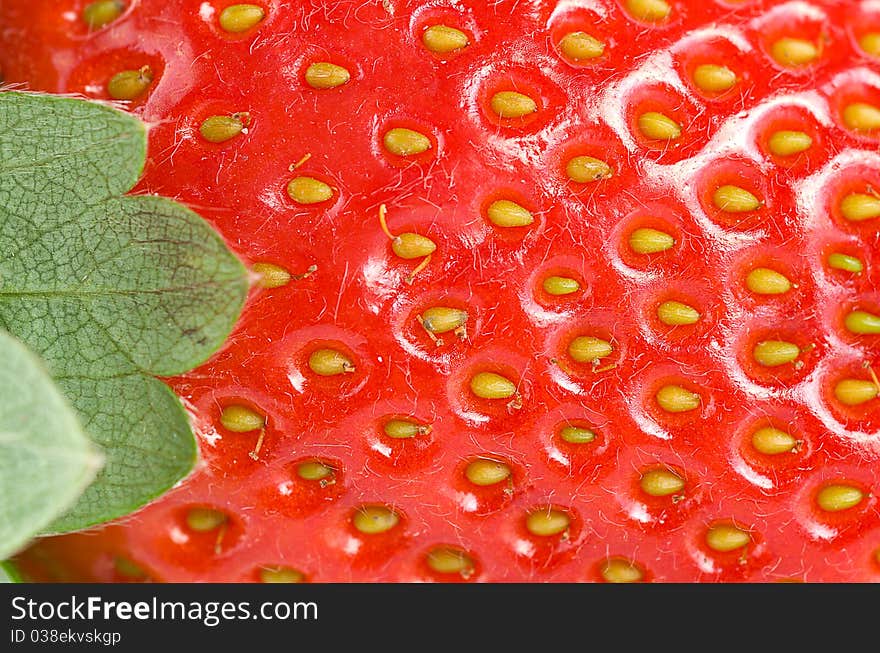 Green leaf and juicy strawberry in the background