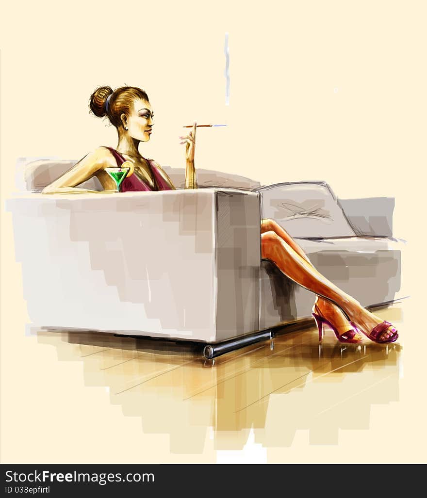 Lady Sitting On The Sofa And Smoke