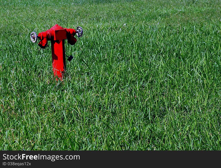 A single fireplug at a wide green lawn. A single fireplug at a wide green lawn