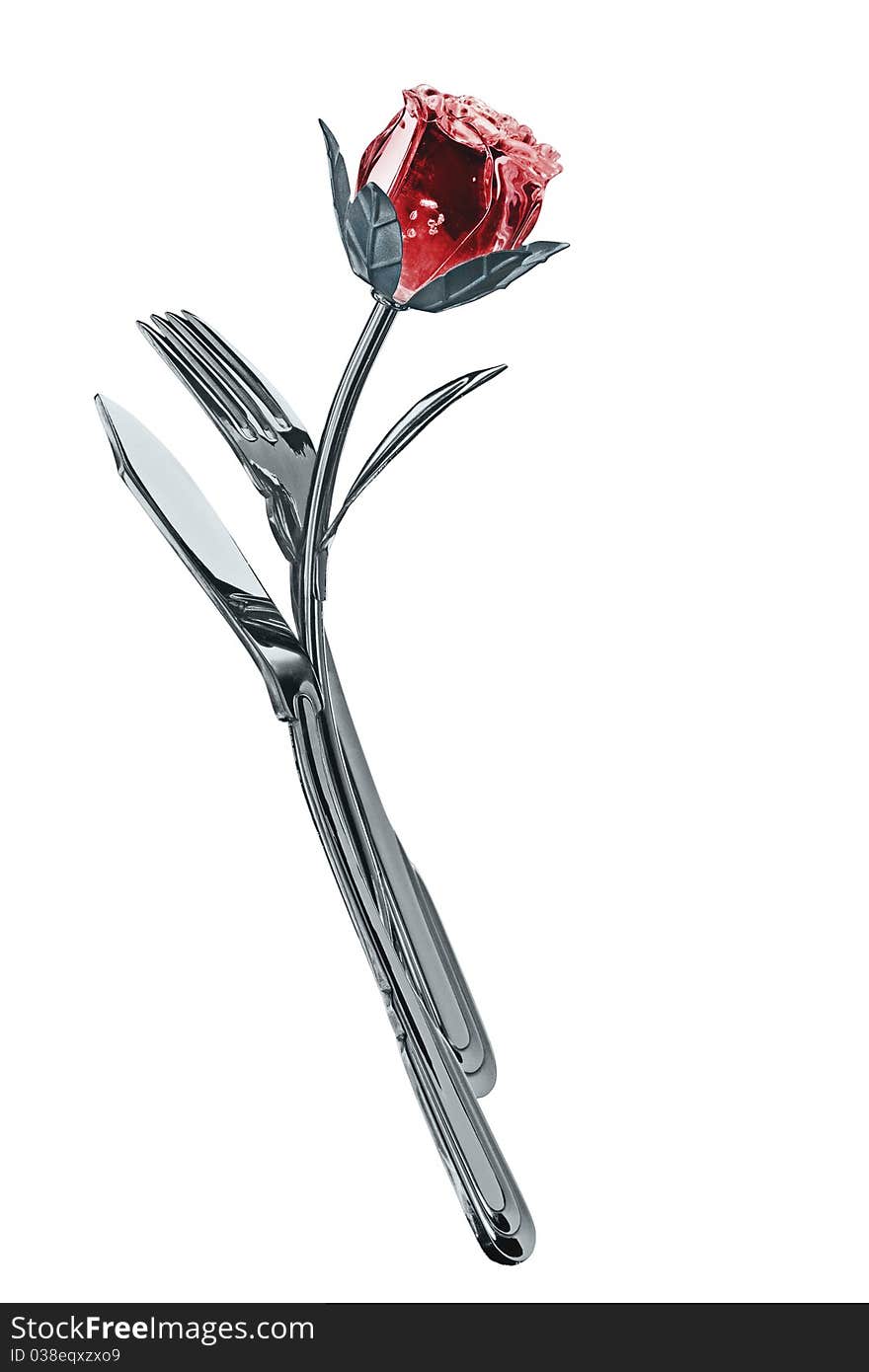 Metal Rose Fork And Knife Isolated