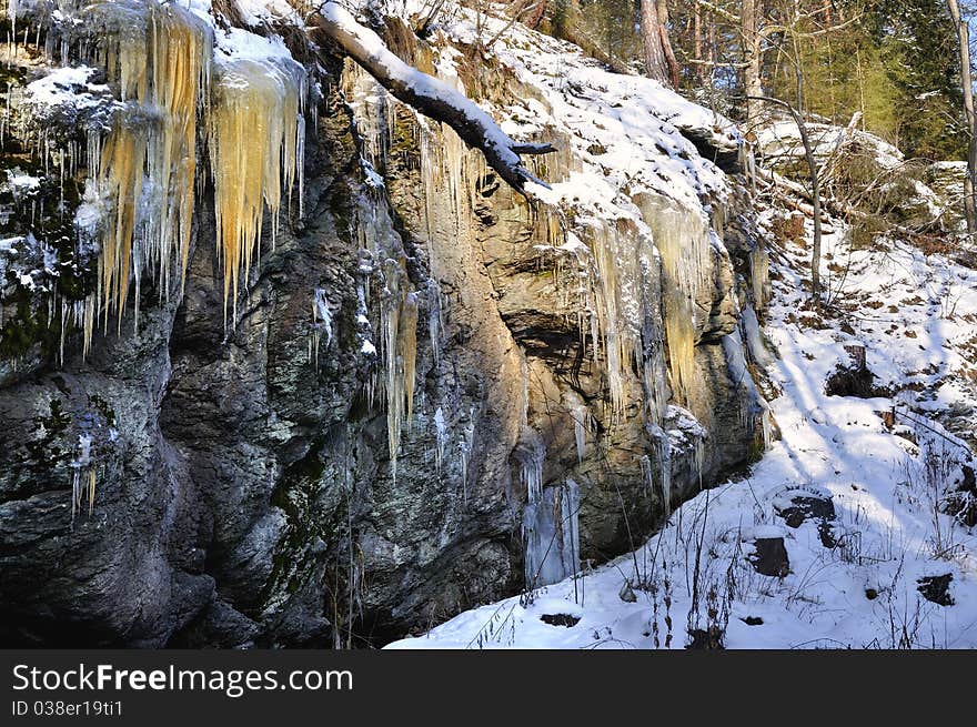 Ice water on rock next to river Luznice