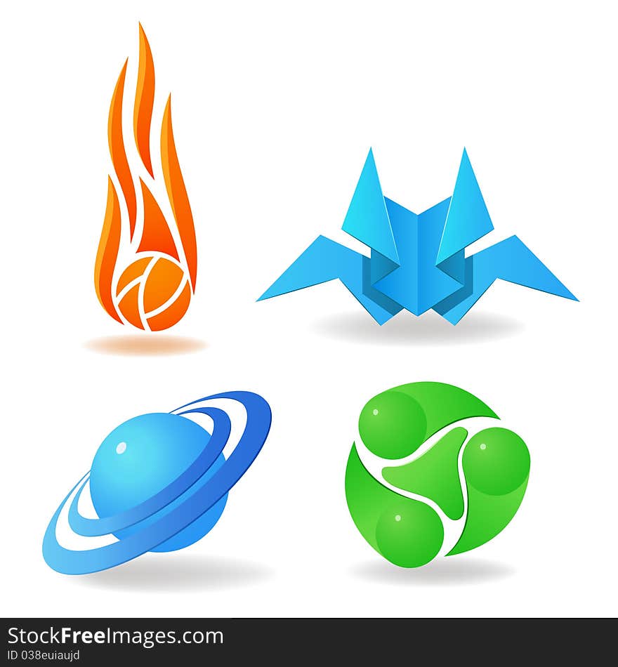 Vector illustration. Set of abstract symbols, sphere, flame, green