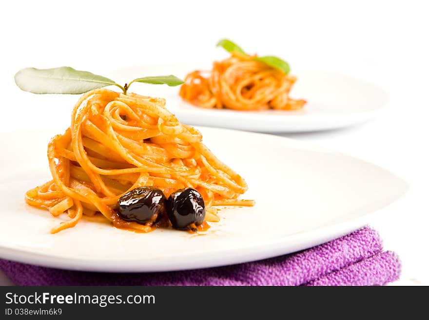 Spaghetti with olives and tomatoesauce. Spaghetti with olives and tomatoesauce