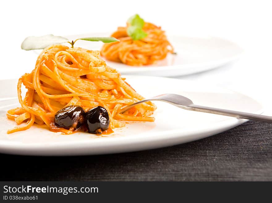 Spaghetti with olives and tomatoesauce. Spaghetti with olives and tomatoesauce