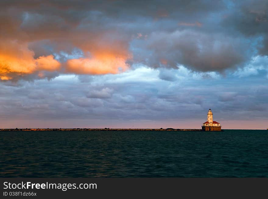 View of old Chicago harbor lighthouse from Navy Pier.