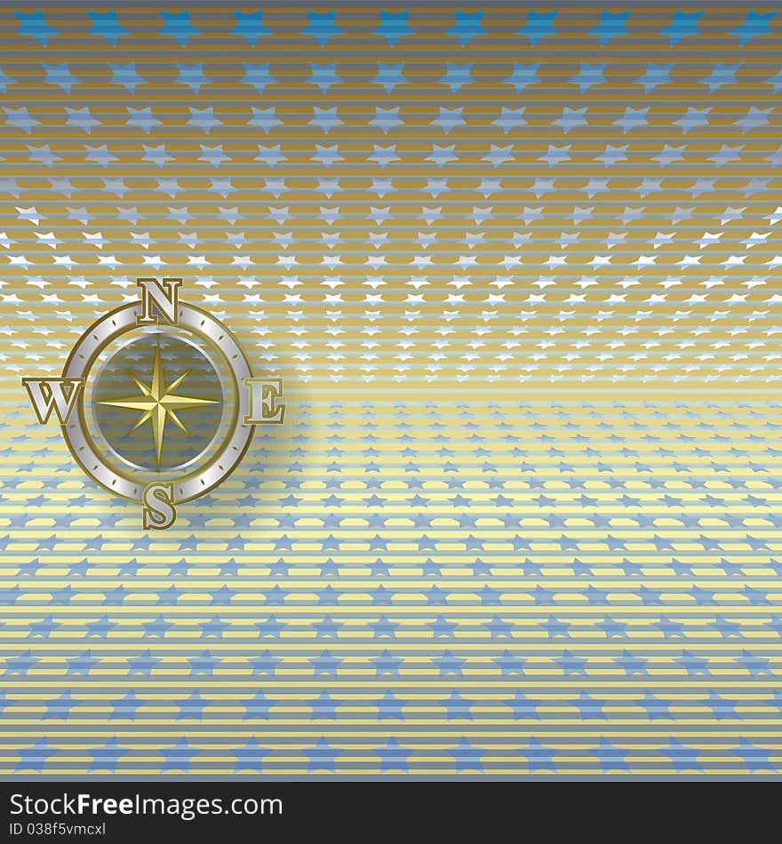 Abstract illustration with compass and blue stars. Abstract illustration with compass and blue stars