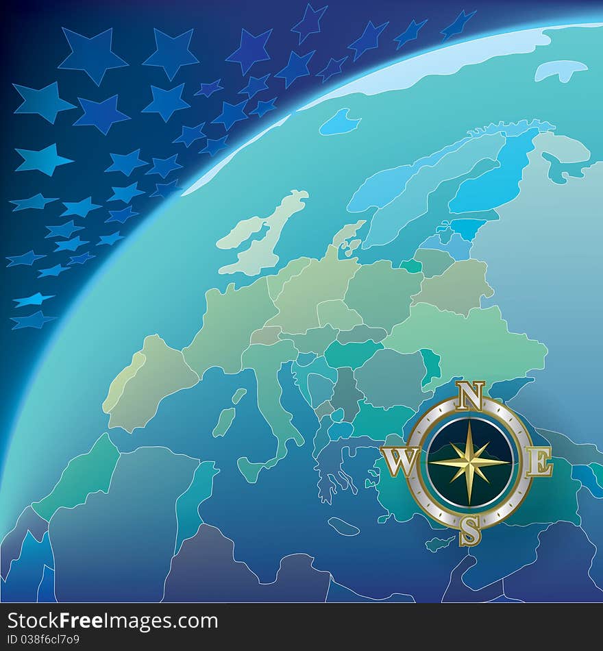 Abstract illustration with globe and compass on blue stars background. Abstract illustration with globe and compass on blue stars background