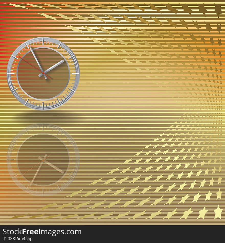 Abstract illustration with gold stars and clock. Abstract illustration with gold stars and clock