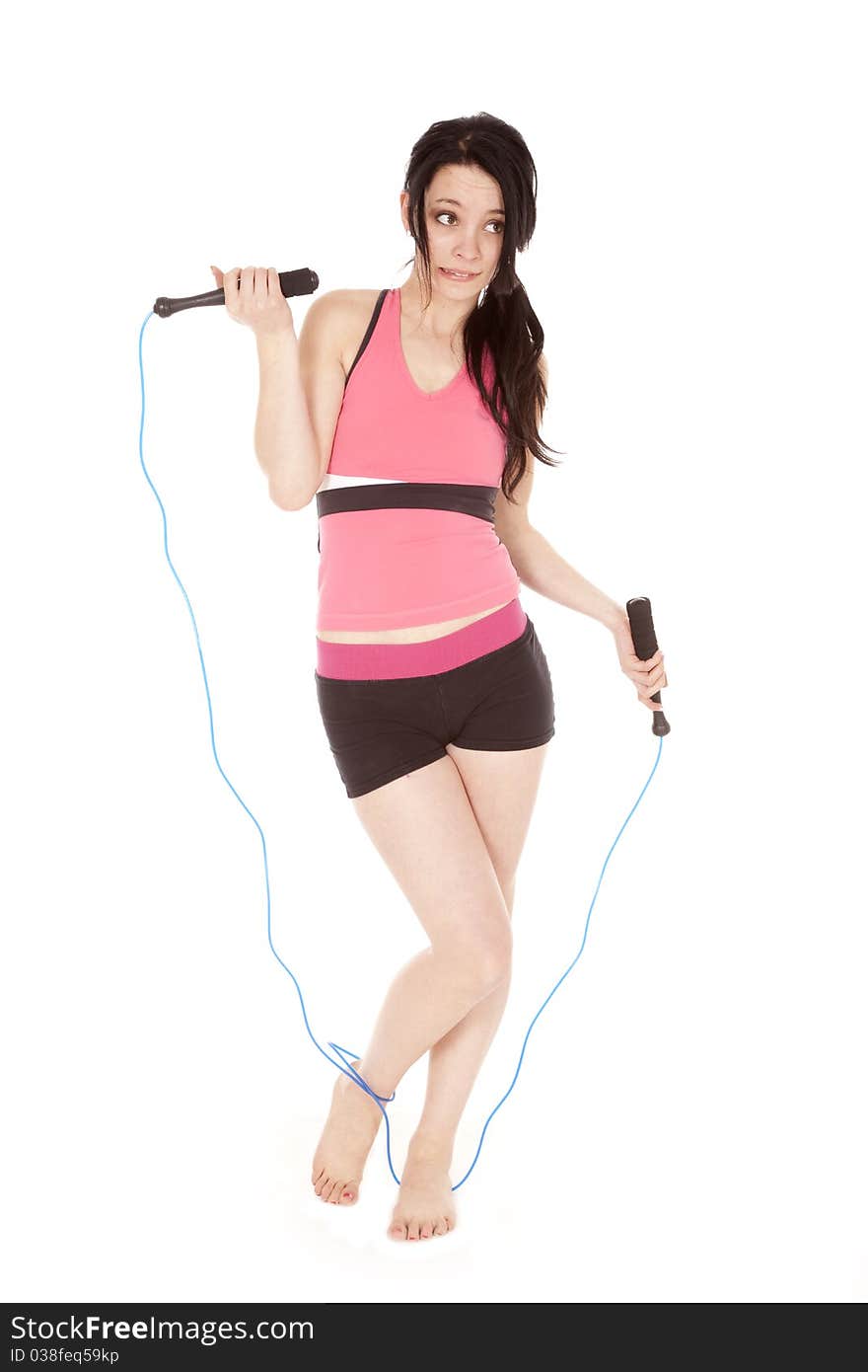 A woman is caught in a jump rope. A woman is caught in a jump rope.