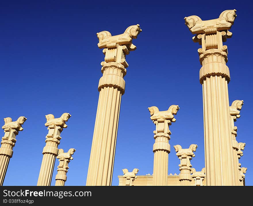 Array of columns in the Persian style with horse capitals at a winery in Napa, California. Array of columns in the Persian style with horse capitals at a winery in Napa, California.