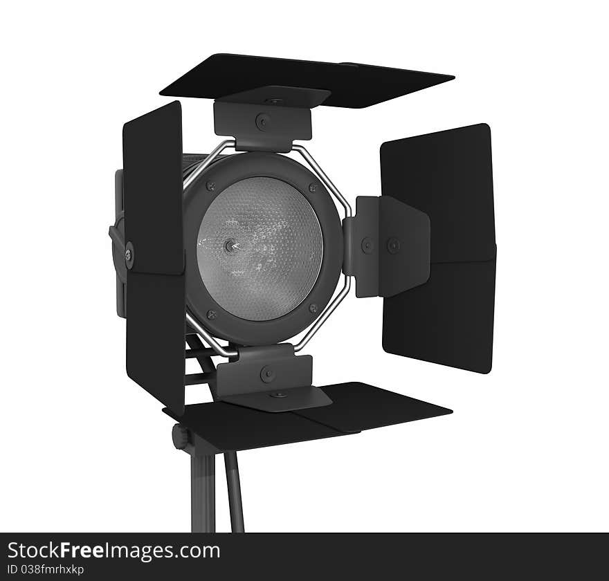 A pro stage light with barn doors isolated on white. A pro stage light with barn doors isolated on white