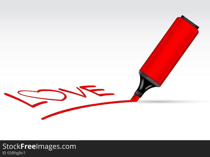 Illustration of highlighter pen writting love on isolated background