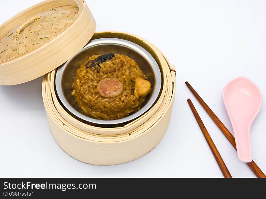 Chinese steamed dimsum rice in bamboo containers traditional cuisine