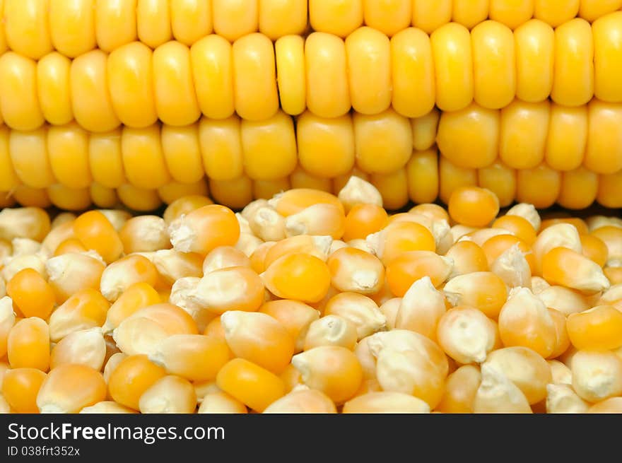 A close-up shot of corn kernels and a cormcob. A close-up shot of corn kernels and a cormcob