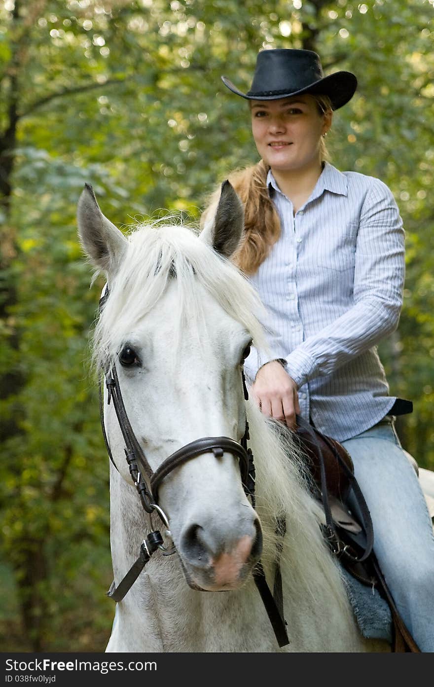 Young horsewoman sits on a white horse