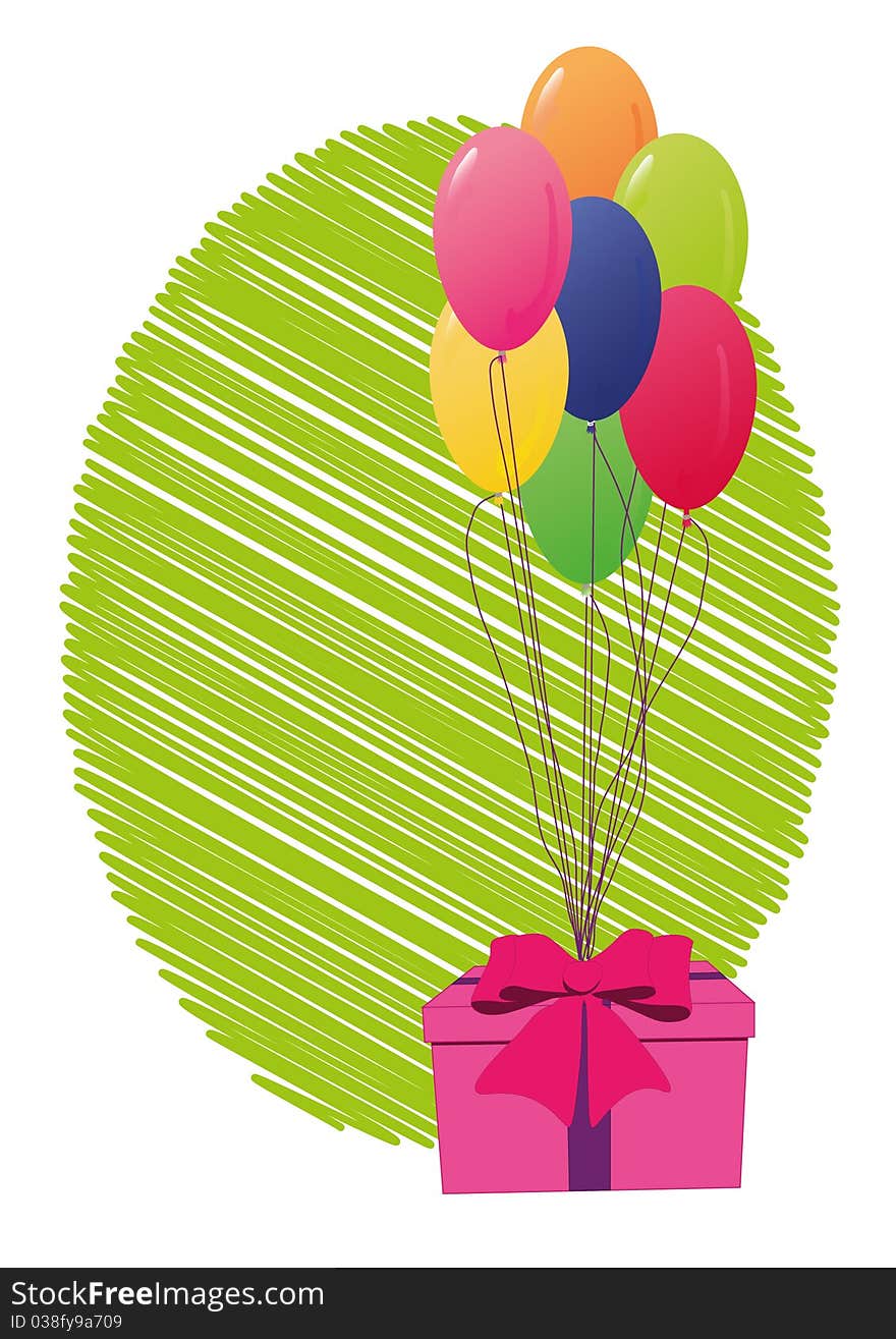 Greeting card with many colored balloons and present box. Greeting card with many colored balloons and present box