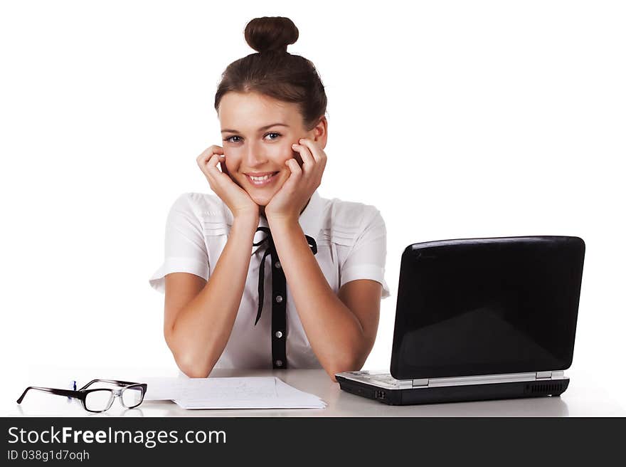 The friendly young woman sitting at your desk looks coquettishly. A series of modern, airy office. The friendly young woman sitting at your desk looks coquettishly. A series of modern, airy office.