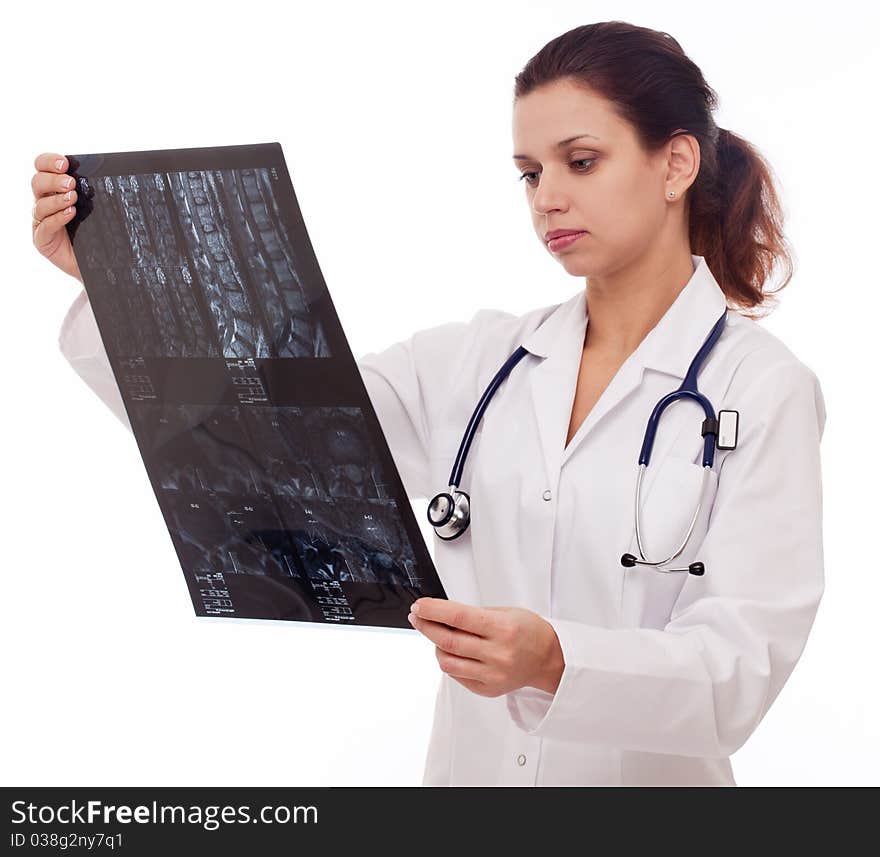 Doctor is looking at sectional image.