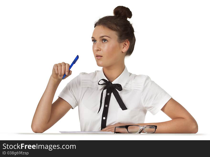 Brunette sitting at the table work with document