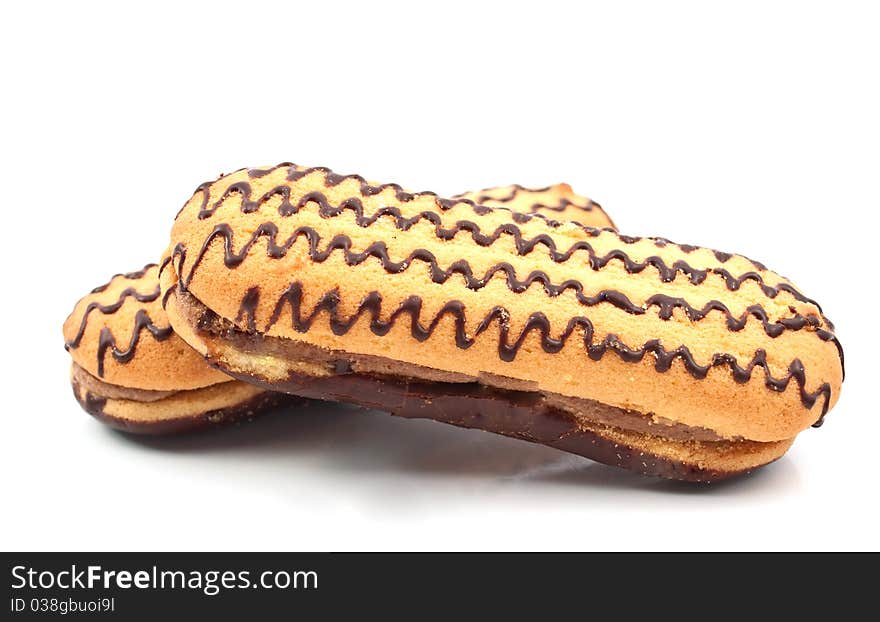 Cake with chocolate icing on a white background