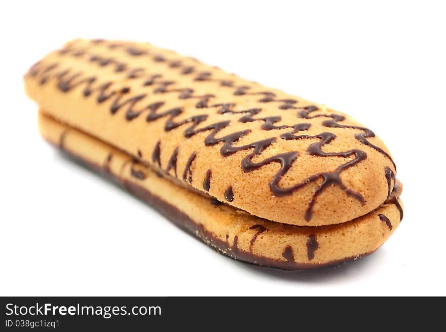 Cake with chocolate icing on a white background