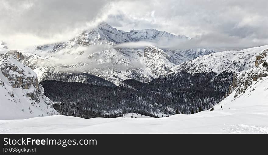 A winter landscape of the Dolomites in Italy. A winter landscape of the Dolomites in Italy.