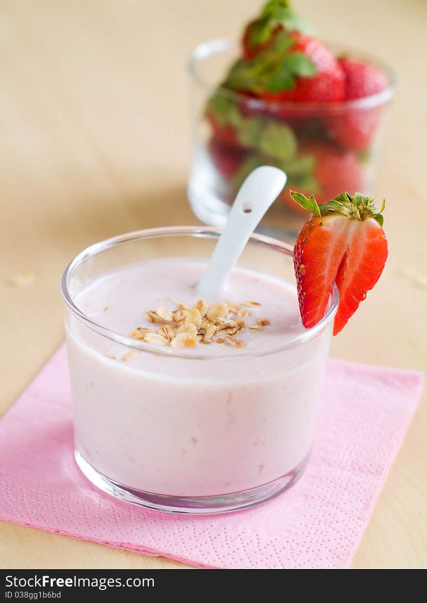 Yogurt breakfast with strawberry and oatmeal