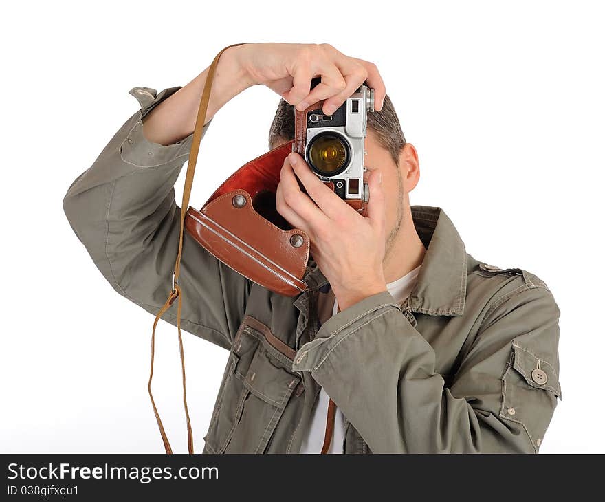 Young professional photographer with old retro film camera. isolated on white background. Young professional photographer with old retro film camera. isolated on white background