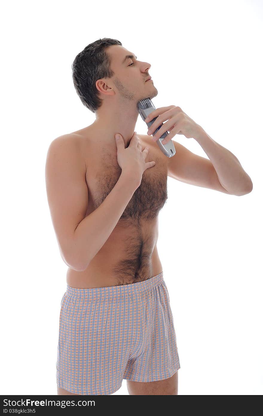 Young handsome man shaving in the morning . isolated on white background