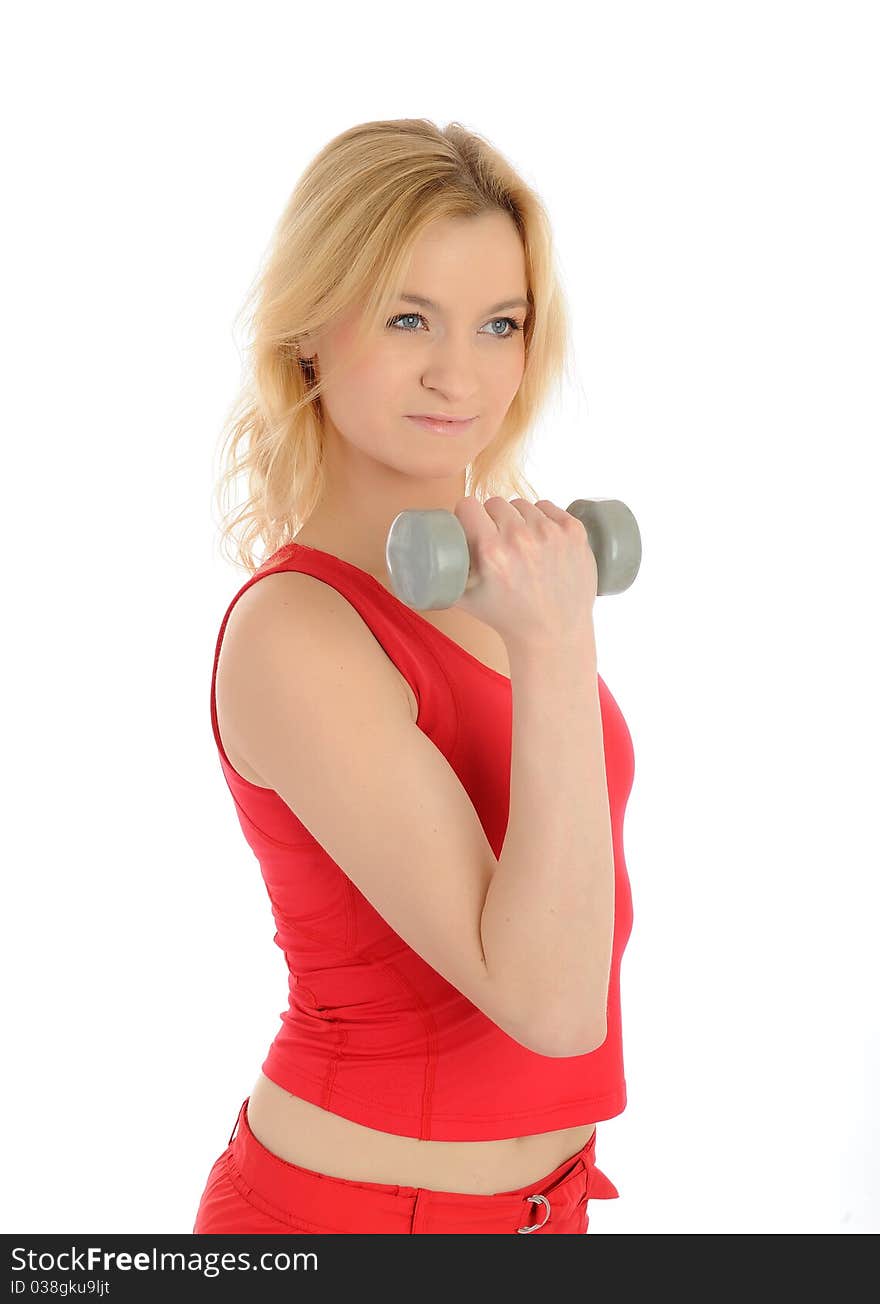 Portrait of fitness woman working out with free weights. isolated on white background