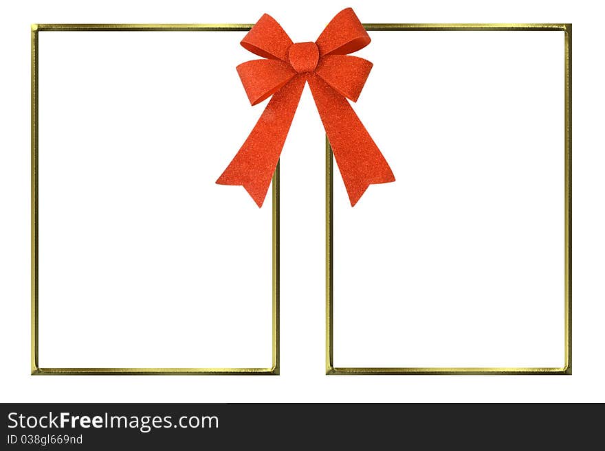 Gold frames for two pictures together with a red bow isolated on white background