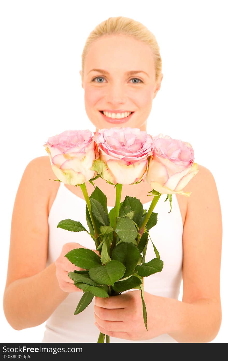 Woman with roses in the white background