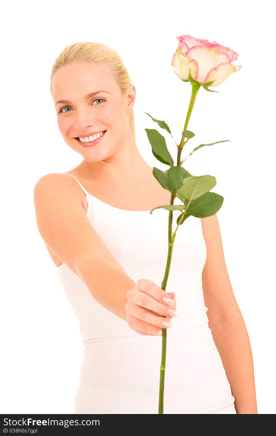 Woman with roses in the white background