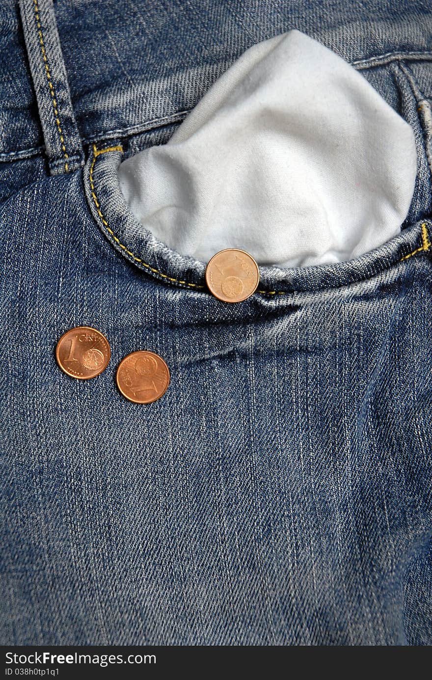 Three cents of euro falling from jeans, concept of crisis. Three cents of euro falling from jeans, concept of crisis