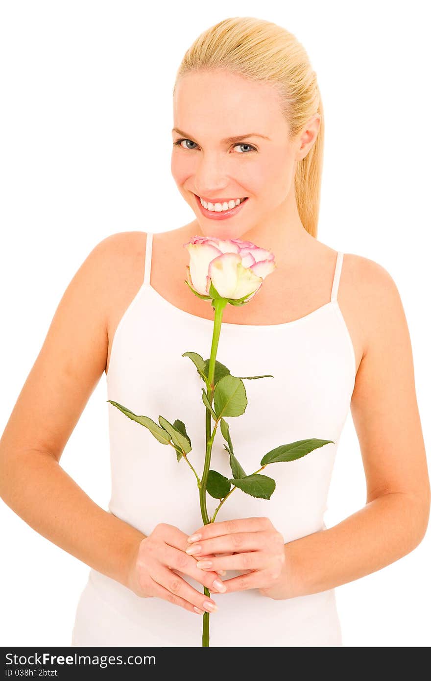 Woman with roses in the white background