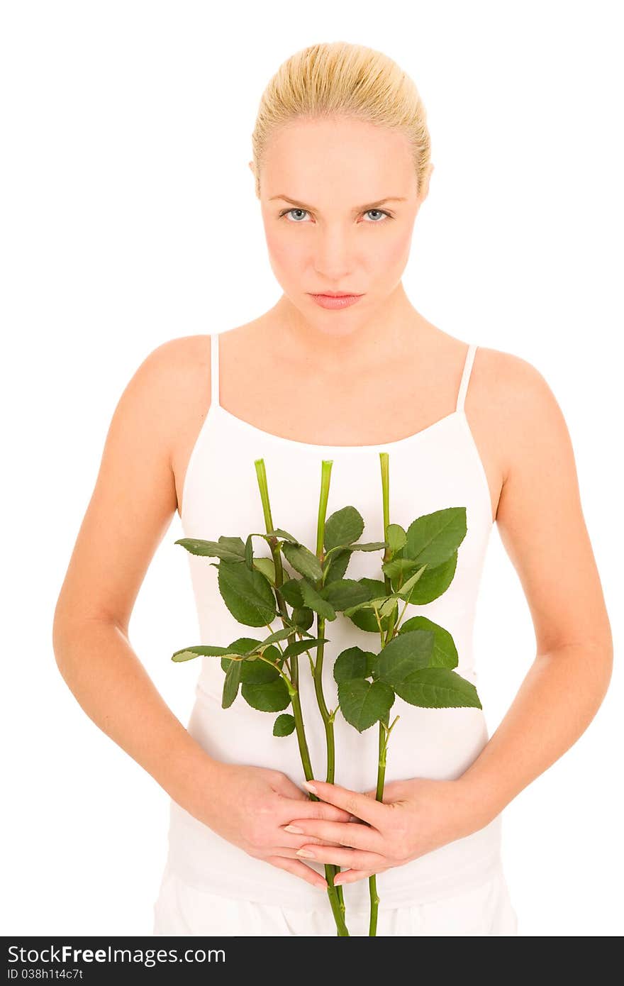 Woman with roses in the white background