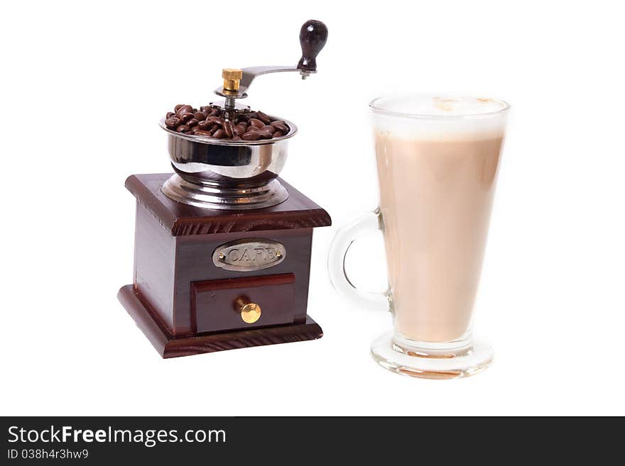 Coffee cup and grinder in white background