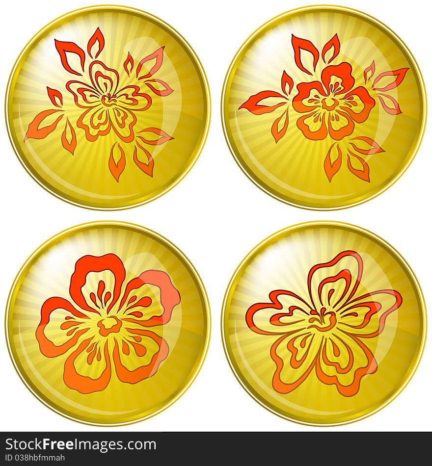 Set icons, red flowers on gold buttons, eps10. Set icons, red flowers on gold buttons, eps10