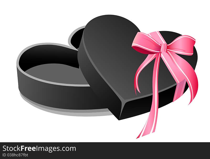 Black gift box illustration, heart box with pink ribbon