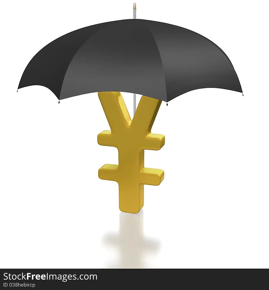 Japanese yen sign protected by umbrella