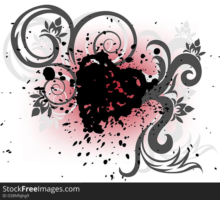 Stylized heart of the black splashes and curls on a white and red background. Stylized heart of the black splashes and curls on a white and red background