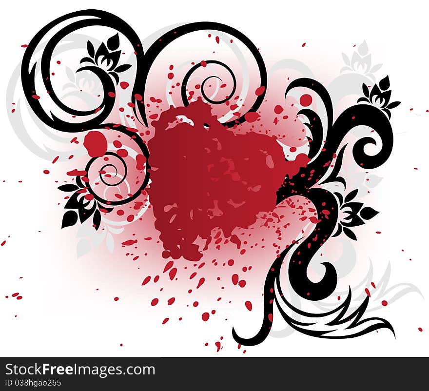 Stylized heart of red spray and black curls on a white background. Stylized heart of red spray and black curls on a white background