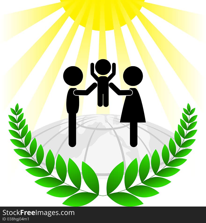 Couple in a green frame on a round Earth lifting baby to the sun. Couple in a green frame on a round Earth lifting baby to the sun