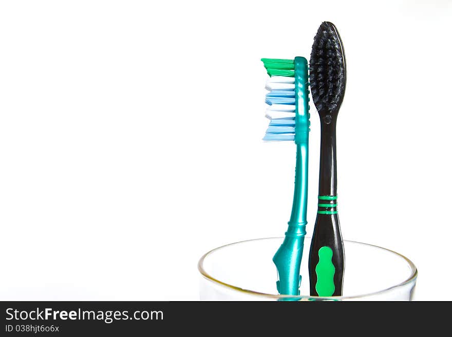 Two tooth brushes, closeup isolated