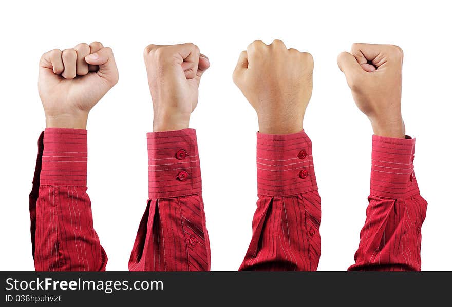 Four mens hand showing his fist in red suit in different point of view. Four mens hand showing his fist in red suit in different point of view