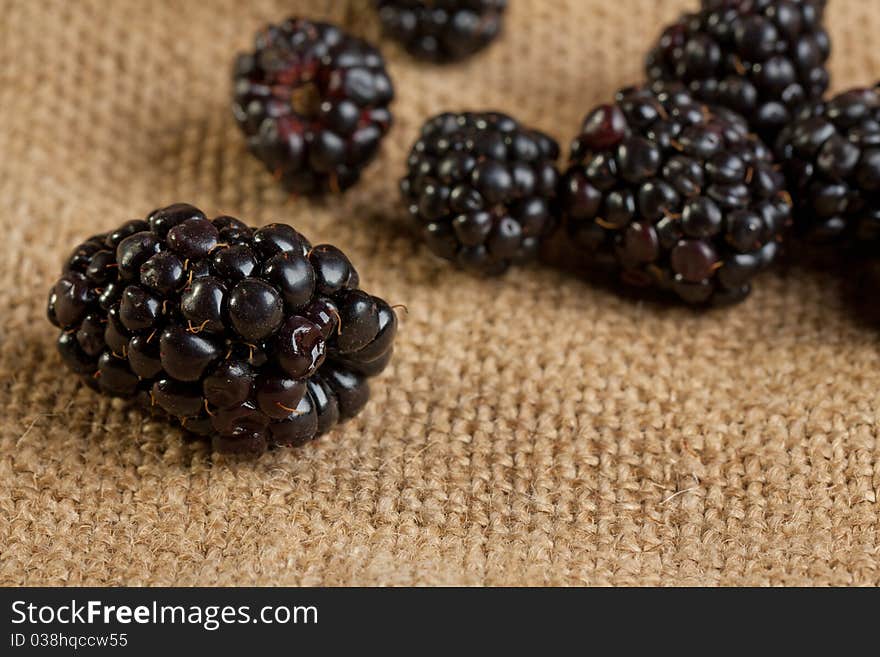 Close-up of Blackberries on sackcloth