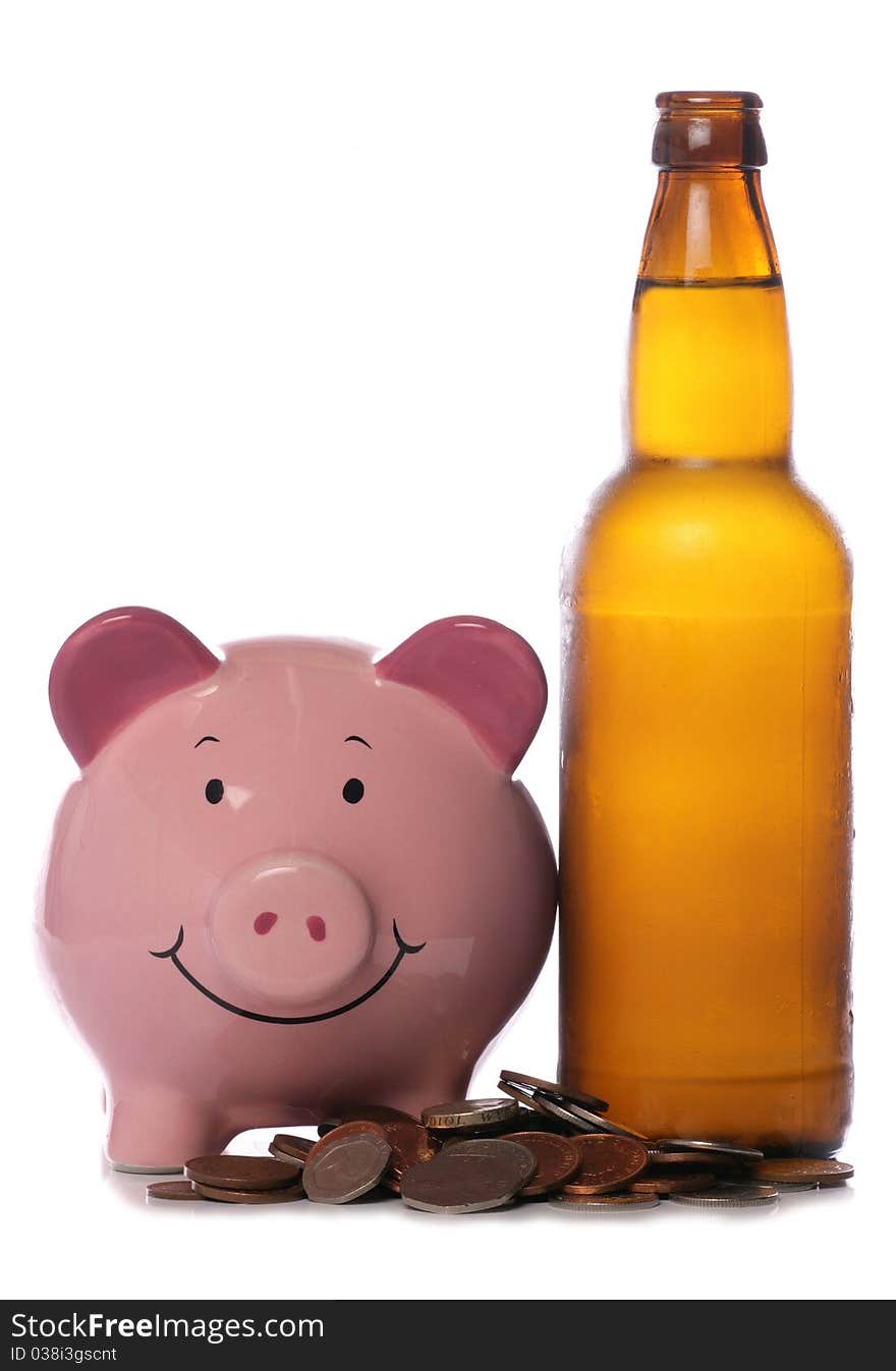 Beer bottle with piggy bank