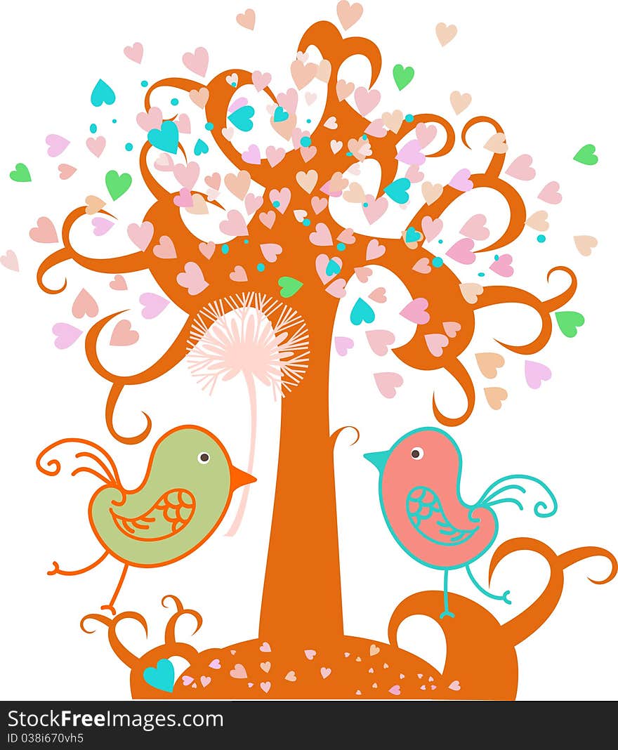 Love Tree With Hearts And Valentine Birds, Vector.