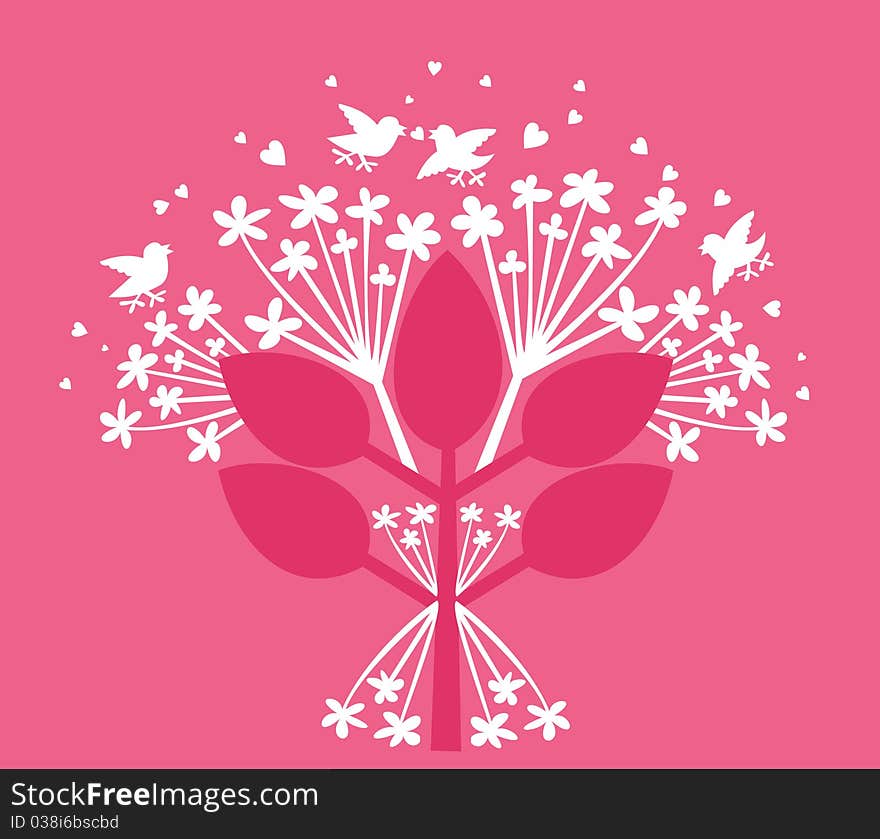 Holidays Love Tree with hearts and birds. Vector background.