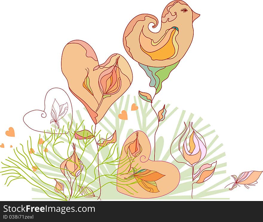 Valentine Heart And Bird With Flowers, Vector.